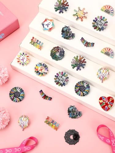 JUNEBRUSHS 28pcs Cancer Awareness Pins Ribbon Lapel Pins for Cancer Fighters Survivors Inspirational Favor Charity Campaign Decor Accessories - style: Cancer Awareness Style