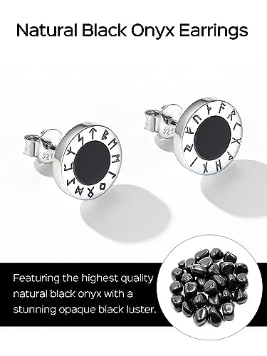 ChicSilver 925 Sterling Silver Viking Rune Natural Black Onyx Stud Earrings For Women Men - style: B: Front Runes-Silver