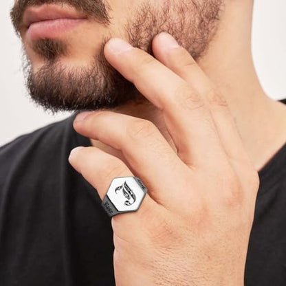 Custom Signet Ring for Men Personalized Initial Ring Custom Mens Rings Engraved Ring Customized Memorial Graduation Gifts for Father Husband Boyfriend Friends - color: Hexagon Silver