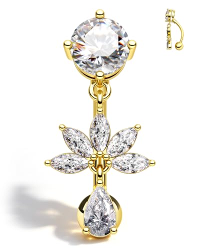 Flower Dangle Belly Button Ring, 14G Gold Reverse Belly Button Piercing for Women, Surgical Steel Silver Navel Piercing Jewelry Hypoallergenic - color: gold