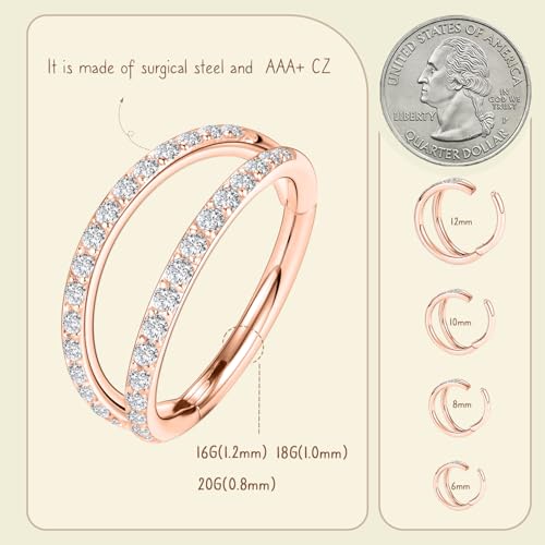 AROWRO Conch Piercing Jewelry Nose Rings Hoops Septum Cartilage Helix Rook | Surgical Steel Gold Silver Cartilage Earrings for Women Tragus Helix Piercing Jewelry 16G 18G 20G With Cubic Zirconia Opal - color: Rose Gold-D1 Clear CZ, size: 16G(1.2mm)-8mm