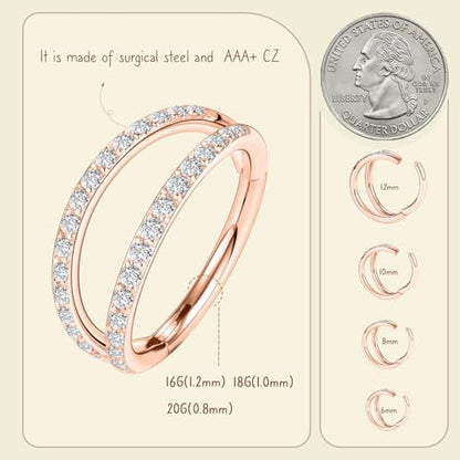 AROWRO Conch Piercing Jewelry Nose Rings Hoops Septum Cartilage Helix Rook | Surgical Steel Gold Silver Cartilage Earrings for Women Tragus Helix Piercing Jewelry 16G 18G 20G With Cubic Zirconia Opal - color: Rose Gold-D1 Clear CZ, size: 16G(1.2mm)-8mm