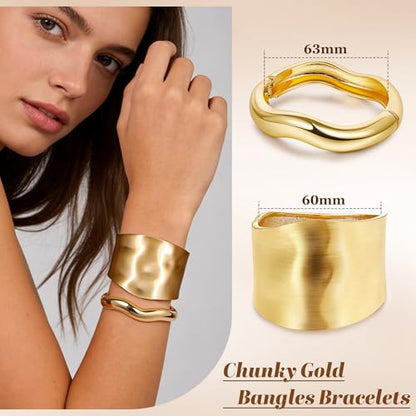 Chunky Gold Bangles Bracelets for Women, 14k Gold Plated Hinged Big Stackable Bangles Set, Trendy Wide Statement Cuff Bracelets Stack Fashion Jewelry Gifts - color: Gold-4pcs-Styles-2