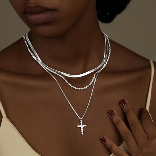 Poxtex Cross Necklace for Women Teen Girls, Dainty 14K Gold Silver Plated Cross Choker Jewelry Non Tarnish Waterproof Cute Simple Small Necklace Christian Baptism Religious Faith Jewelry Gifts - color: 09 Layered cross necklace-silver