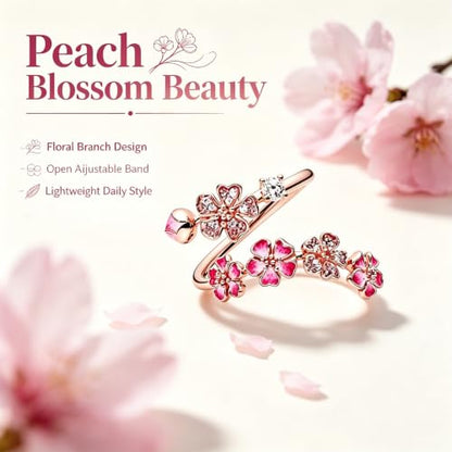 Peach Blossom Ring, Pink Adjustable Flower Open Crystal Rings for Women, Dainty Floral Rings for Vacation, Wedding - color: Pink