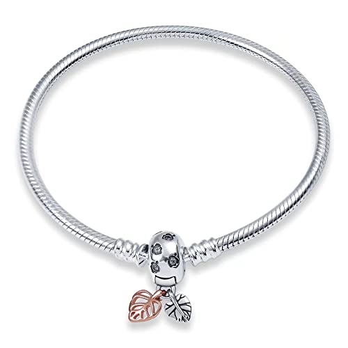 HappyStar 925 Sterling Silver Snake Chain Bracelet Fully compatible with Pandora charms, With Mickey Mouse head Clasp Charm Bracelets Gifts for Teen Women - color: Silver Bracelet with Leaf Clasp, size: 6.7 in/17 cm（For wrist size 5.9in）