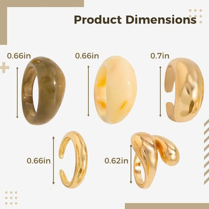 5 Pcs Gold Rings Set for Women, Pale Gold Metal and Resin Rings, Chunky Stackable Styles, Hug Ring Design, for Party and Daily Wearing