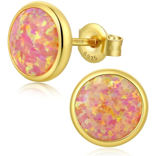 Jiamiaoi 18K White Gold Plated Opal Earrings s925 Sterling Silver Opal Stud Earrings Hypoallergenic Earring Studs For Women Men, 6mm-8mm Options - color: f-pink yellow, size: 6mm