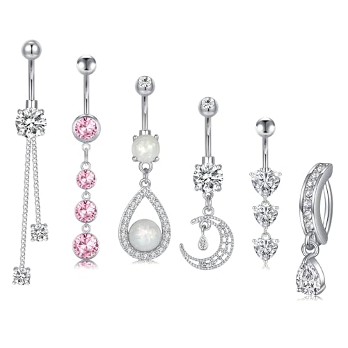 QWALIT Belly Button Rings 14G Surgical Steel Belly Rings CZ Opal Navel Piercing Jewelry for Women Girls 3/8" 10mm Silver Rose Gold - color: C3-6 dangles -silver