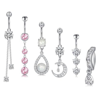 QWALIT Belly Button Rings 14G Surgical Steel Belly Rings CZ Opal Navel Piercing Jewelry for Women Girls 3/8" 10mm Silver Rose Gold - color: C3-6 dangles -silver