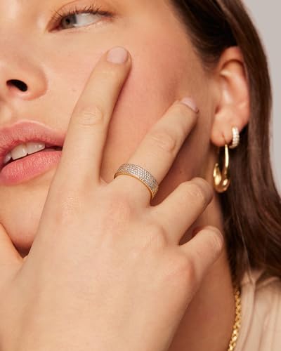 PAVOI 14K Gold Plated Cubic Zirconia Wide Eternity Statement Rings | CZ Stackable Wedding Band for Women - color: White Gold