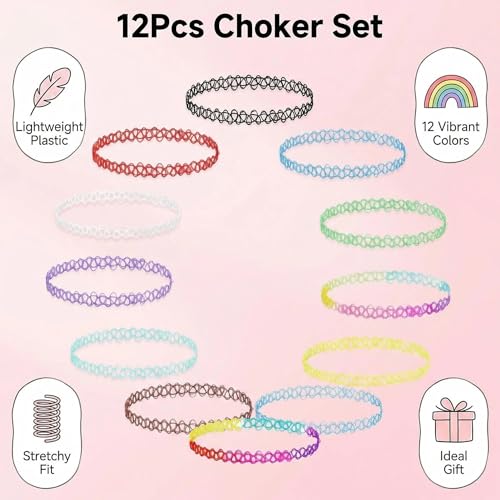 12PC Tattoo Choker Necklace Set- 90s Accessories 2000s Jewelry Fashion- Rainbow Goth Black White Blue Green Pink - Adjustable Stretchy Elastic Necklace for Women - color: Color -12p