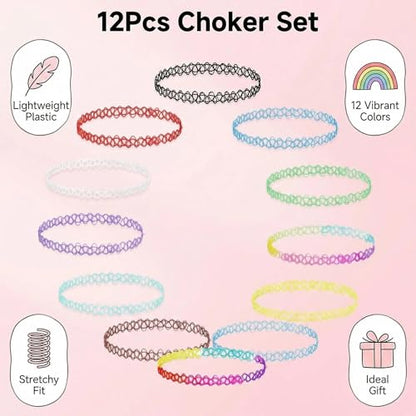 12PC Tattoo Choker Necklace Set- 90s Accessories 2000s Jewelry Fashion- Rainbow Goth Black White Blue Green Pink - Adjustable Stretchy Elastic Necklace for Women - color: Color -12p