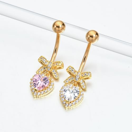 B BodyPJ Sparkles Peach Heart Bow Stainless Steel CZ Dangle Navel Piercing Barbell Belly Button Rings For Women - color: Gold+Pink CZ