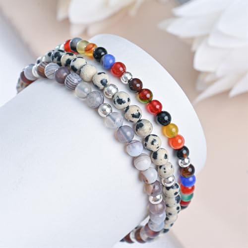 Natural Stone&925 Sterling Silver/18K Gold Anklet,│4MM│9-12 in│, Hand Woven, Adjustable Size - color: Coloured Agate,4MM