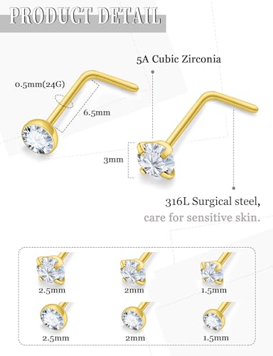 18G 20G 22G Round Cubic Zirconia Nose Rings Studs for Women Men 316L Stainless Surgical Steel Nose Ring Stud Piercing Jewelry Silver Gold Clear CZ 1.5mm 2mm 2.5mm 3mm - style: 24G (Thin) L Shaped Gold