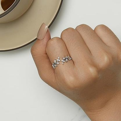 MUNDELL 925 Sterling Silver Simple Multi-layer Leaf Adjustable Ring Green Lucky Leaves Statement Ring for Women Promise Ring Fine Jewelry - color: Silver Leaf