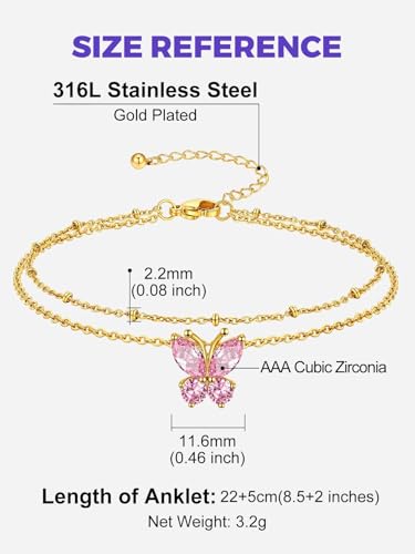 Richsteel Double Layer Heart/Butterfly Birthstone Anklet for Women | Non Tarnish Waterproof, Silver/Gold/Black Stainless Steel 8.5-10.5 Inch Adjustable Chain Anklets Summer Beach Foot Jewelry - color: Gold Butterfly-10 Oct.(Pink Tourmaline)
