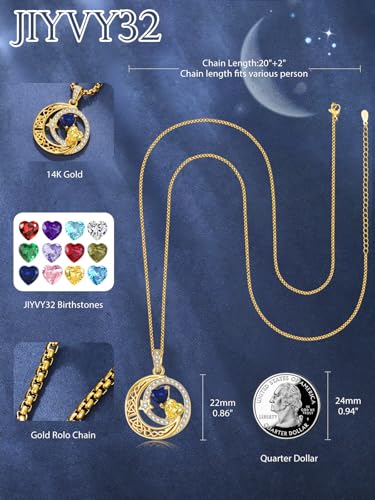 14K Gold Moon and Star Double Birthstone Necklace Gifts for Women | 2 Heart Birthstone Necklace,Mothers Day Wedding Anniversary Birthday Gifts for Wife Mom Daughter Grandma Sister - color: 09-11-Sept-Nov Birthstone