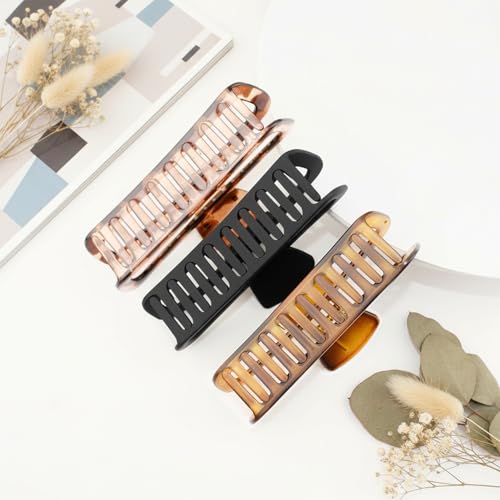 3 Pack Hair Claw Clips 5.1 Inch Large Square Rectangle Jaw Clips Plastic Hollow Strong Hold XL Claw Clip for Thick Curly Long Hair Women Leopard Yellow Black Matte Amber - color: Leopard Yellow&Black&Matte Amber