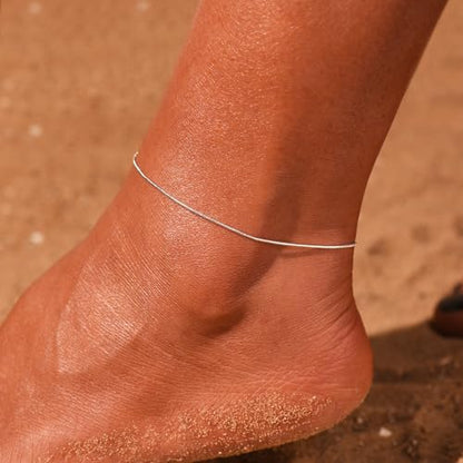 Ankle Bracelets for Women 14K Gold Plated Anklet Silver Anklets Waterproof Evil Eye Beaded Pearl Tennis Crystal Heart Cuba Link Chain Anklets Dainty Jewelry Gift for Her - color: Round Herringbone-Silver