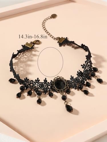 Lace Choker Necklace for Women Tassel Pendant Choker Necklaces Elegant Boho Collar Necklaces Statement Artistic Chain Necklace with Pearl Halloween Party Cosplay Costume Jewelry - color: Black Beads-2