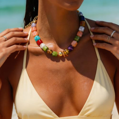 Colorful Statement Chunky Beaded Necklace for Women Trendy Y2K Boho Choker | Large Square Resin Beads Bold Summer Vacation Jewelry - color: Colorful
