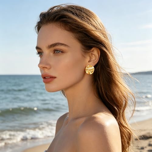 Gold Statement Earrings For Women, 14K Gold Plated Textured Geometric Drop Earrings - Hypoallergenic Stainless Steel Statement Earrings for Women, Waterproof Fan-Shaped Dangle Earrings for Beach & Daily Wear - color: Disc DKE25215GL