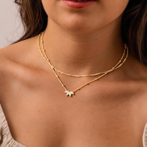 Yoosteel Layered 14K-Gold-Plated Necklace for Women,CZ Necklaces Stack | Dainty Cubic Zirconia Pendant Necklace,Simple Chain Choker Stackable,Trendy Jewelry,Wedding Bridesmaid Gifts - color: Layered Flower CZ