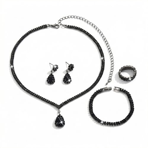 4 Pcs Trendy Black Jewelry Sets for Women Teardrop Rhinestone | Complete collection featuring a collar dangle drops band and ring.