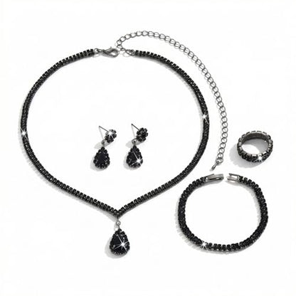 4 Pcs Trendy Black Jewelry Sets for Women Teardrop Rhinestone | Complete collection featuring a collar dangle drops band and ring.