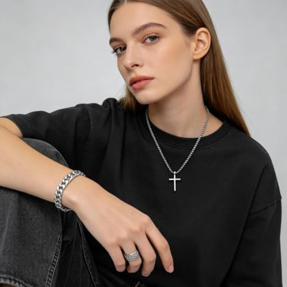 3-Piece Cross Pendant Necklaces Bracelets Rings Jewelry Sets for Men Women,Cuban Chain Bangle,Adjustable Box Link,Religious Charm,Fashion Jewelry Accessories for Party Birthday Gifts - color: Silver