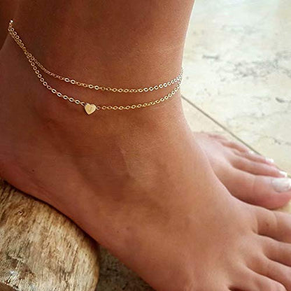 Heart Initial Ankle Bracelets for Women, 14K Gold Filled Handmade Dainty Layered Anklet Letter Initial Heart Ankle Bracelets for Women Beach Jewelry Gifts - style: F