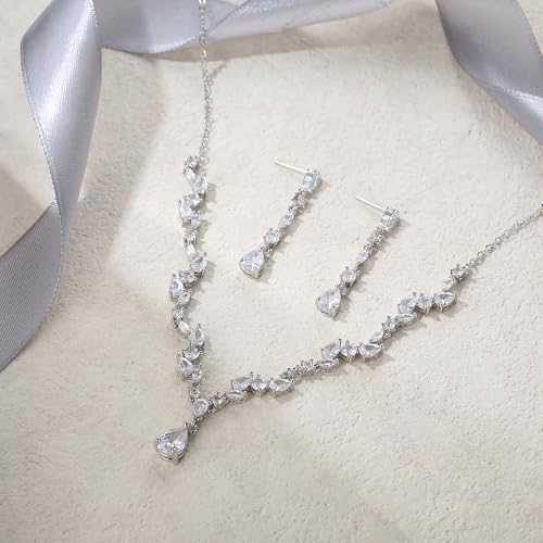 EVER FAITH Pear Shaped Cubic Zirconia Bridal Wedding Jewelry Set for Women | Gorgeous Water Drop Bride Necklace Dangle Earrings, for Bride Bridesmaid - color: White Gold Plated