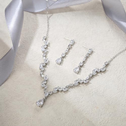 EVER FAITH Pear Shaped Cubic Zirconia Bridal Wedding Jewelry Set for Women | Gorgeous Water Drop Bride Necklace Dangle Earrings, for Bride Bridesmaid - color: White Gold Plated