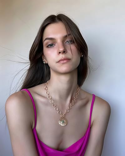 18k Gold Plated Chain Link Necklace for Women, Baroque Pearl/Compass Pendant Necklace - color: Big Medal