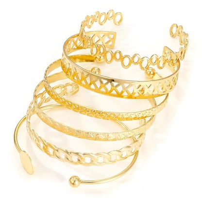 IFKM Gold Bangle Bracelets For Women, 14k Gold Plated Multi Layer Stackable Cuff Bracelet Set, Trendy Elegance Charms Non Tarnish Minimalist Textured Boho Jewelry Gift for Women - style: 6pcs Hollow love five-pointed star