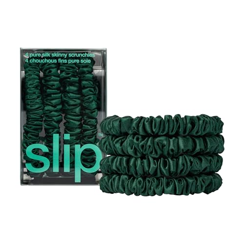 Slip Silk Hair Ties — Skinny Silk Forest Scrunchies, No Damage, No Crease, Anti-Breakage |100% Mulberry Silk | All Hair Types | Made with Proprietary Slipsilk™ | Set of 4 - color: Forest