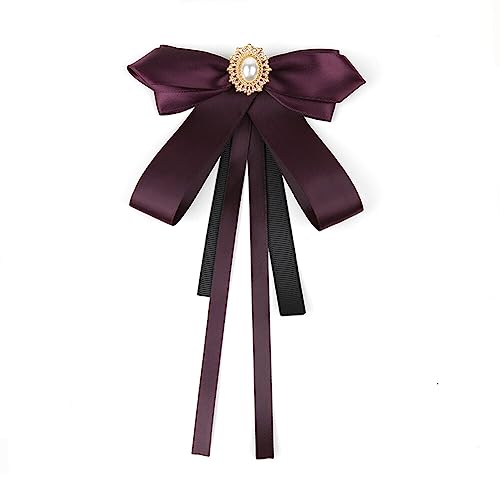 Fashion Ribbon Bow Tie Brooch Pins for Women Girls Crystal Pearl Uniform Pre-Tied Bowknot Corsage Party Ceremony Accessories - color: Purple-pin