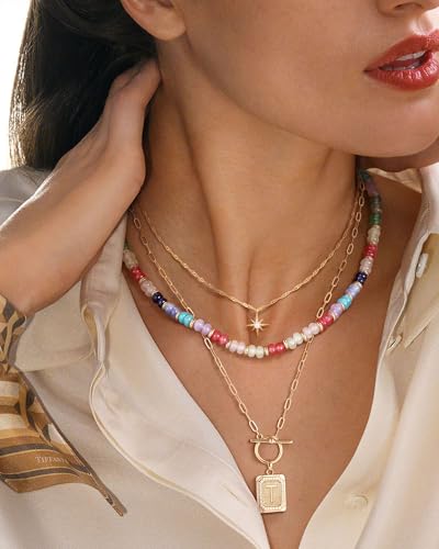 MJartoria Layered Initial Necklaces for Women | 14K Gold Plated Brass, Star Choker, Colorful Beaded, Square Letter Pendant, - color: Gold Plated, style: T