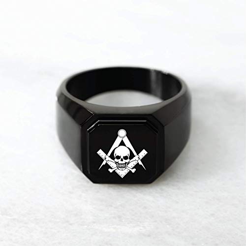 Stainless Steel Signet Biker Rings for Men, Masonic Symbol Square Flat Top (Black, Gold, Silver), Size 7-16 - color: Black - Skull & Crossbones