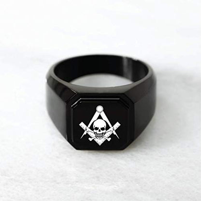 Stainless Steel Signet Biker Rings for Men, Masonic Symbol Square Flat Top (Black, Gold, Silver), Size 7-16 - color: Black - Skull & Crossbones