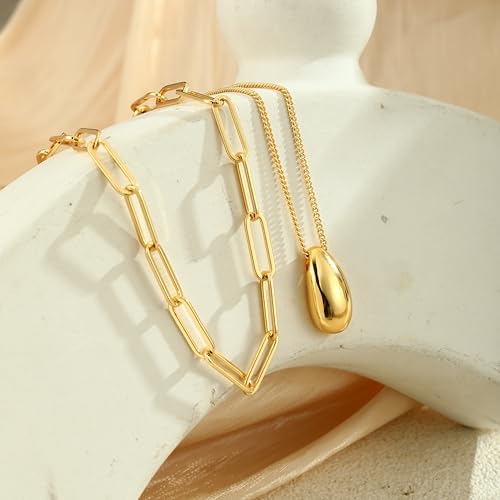 Gold Necklace For Women, Layered 14K Real Gold Plated Necklaces For Women,Dainty Gold Paperclip Chain Tear Circle CZ Pendant Necklace Stack,Trendy Gold Jewelry Set Gifts - style: Layered Paperclip Tear Pendant-Gold