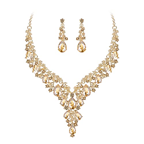 Wedding Bridal Necklace Earrings Jewelry Set for Women | Gorgeous Austrian Crystal Teardrop Flower Cluster for Bridal Bride Bridesmaid - color: 2Pcs-Champagne Gold-Tone