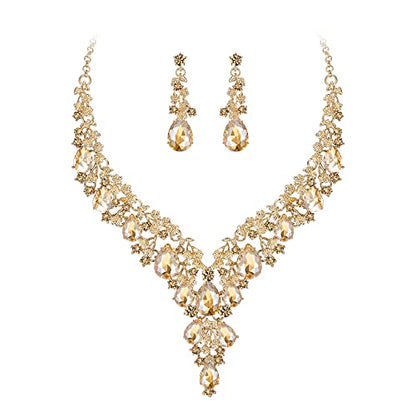 Wedding Bridal Necklace Earrings Jewelry Set for Women | Gorgeous Austrian Crystal Teardrop Flower Cluster for Bridal Bride Bridesmaid - color: 2Pcs-Champagne Gold-Tone