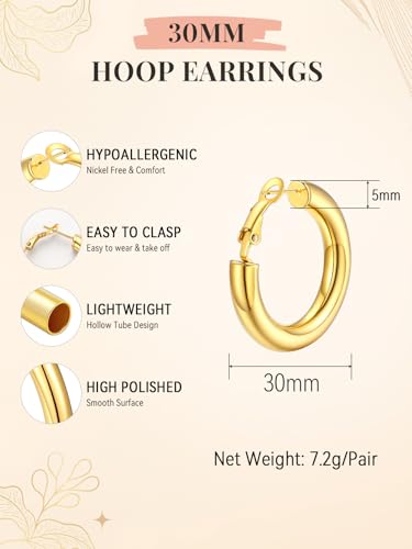 FaithHeart Silver/Black/Gold Stainless Steel Chunky Hoop Earrings for Women | Hypoallergenic Lightweight Hoop Earrings, Trendy Statement Thick Hoop, 20/30/40/50/60/70/80mm - color: Gold, size: 30mm