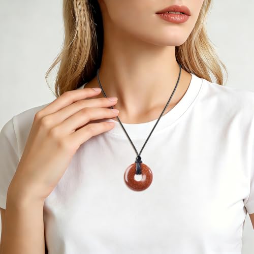 Anjiucc Natural Gemstone Pendant Necklce Lucky Coin Crystal Necklace Donut Pendnat with Adjustable Rope Healing Crystal for Men - color: Golden Sandstone