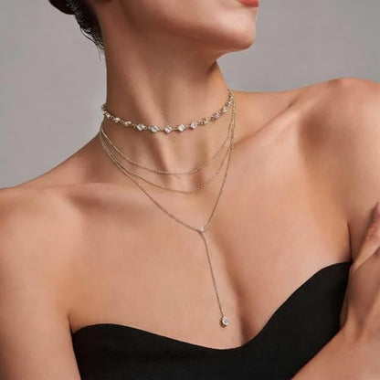 Necklace for Women, Dainty Long 14K Gold Y-Shaped Necklace Jewelry Trendy Beaded Layered Chain Drop Necklaces Jewelry Women Gifts - style: Rhinestone Pendant