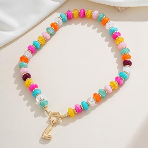 NIKOLUX Colorful Initial Necklaces for Women Chunky Resin Beaded Toggle Necklace 14K Gold Plated A-Z Bubble Letter Pendant Necklace Trendy Summer Beach Handmade Jewelry Gift - color: Colorful-L