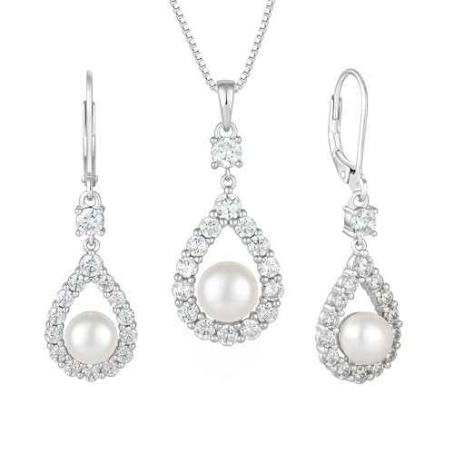 STARCHENIE Freshwater Cultured Pearl Earrings Necklace 925 Sterling Silver Cubic Zirconia Jewelry Set for Women